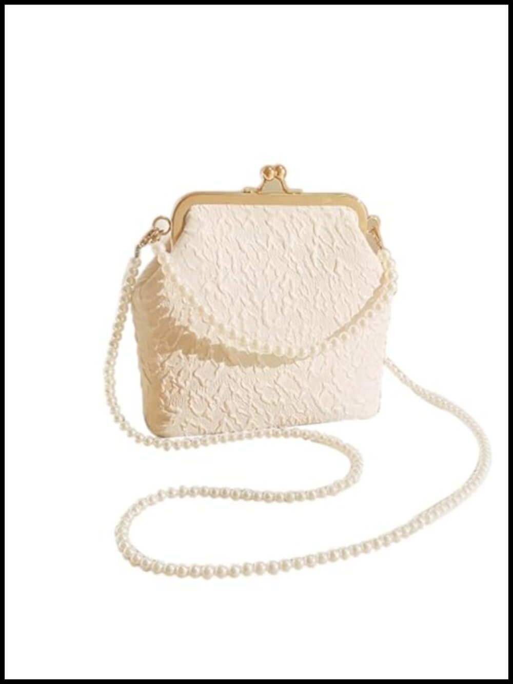 Vintage White Lace Evening Clutch Purse with Pearl Handle, Metal Clasp Frame,
